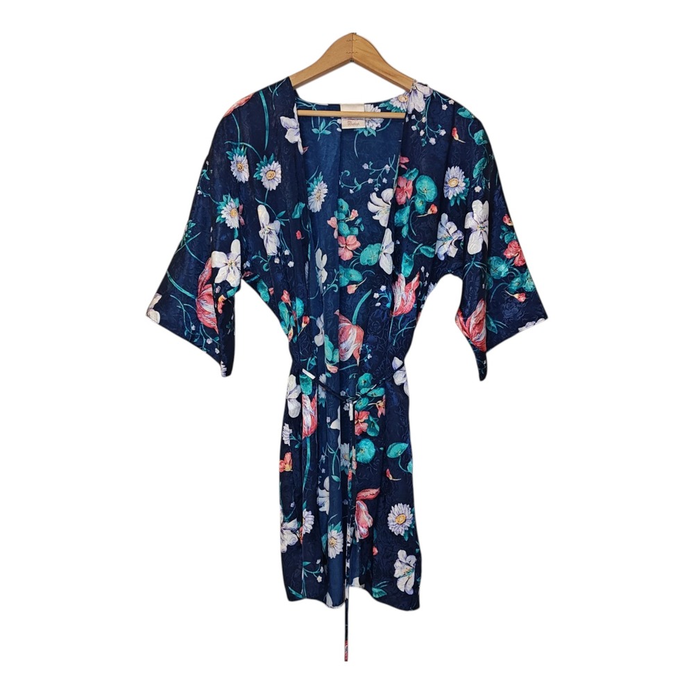 Vintage Katherine Bishop Kimono Robe Women's Small Blue Floral Gown Waist Tie